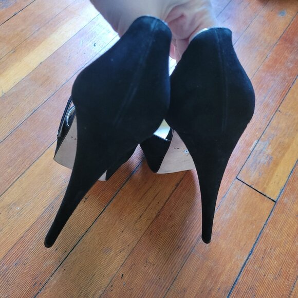 Brian Atwood Suede Black Gold Peeptoe Tribeca, Italian 39 - Picture 9 of 12